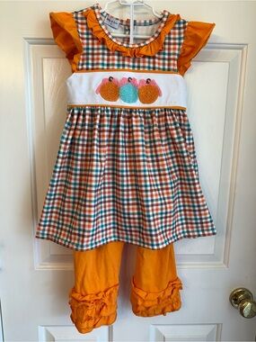 Girls Orange Plaid Pumpkin Appliqué Matching Set